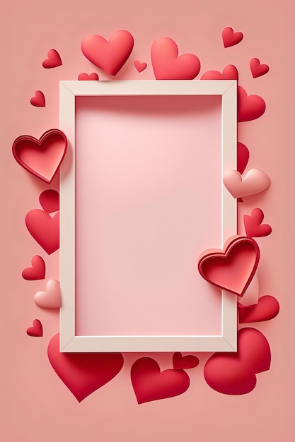 flat lay style image of red hearts arranged in a frame on a pink background