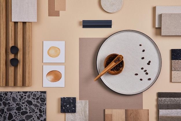 Flat lay of stylish architect moodboard composition with beige samples of textile paint wooden lamella panels and tiles Top view Copy space Template