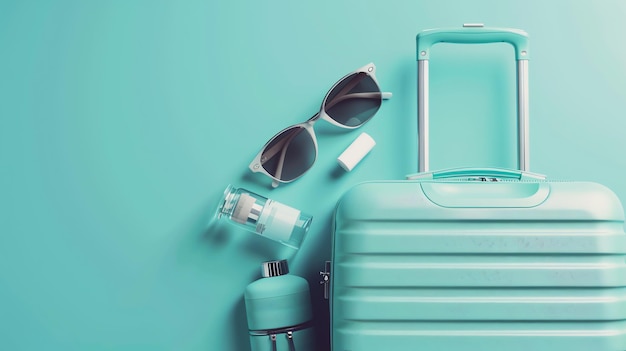 Photo flat lay of suitcase sunglasses and toiletries on a turquoise background