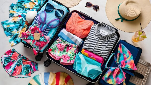 Photo flat lay of summer holiday vacation clothing items packed in luggage