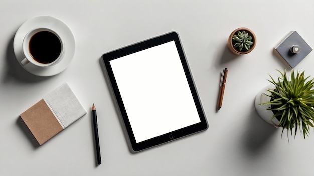 a flat lay tablet with white screen on minimalist white background