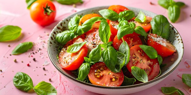 Flat lay of tomato salad with fresh basil on pink background Concept Food Photography Flat Lay Tomato Salad Fresh Basil Pink Background