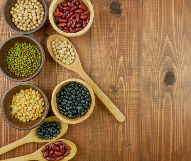 Flat lay top view assorted beans including red bean soybeans black beans mung beans  