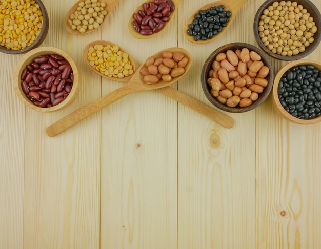 Flat lay top view assorted beans including red bean soybeans black beans mung beans  