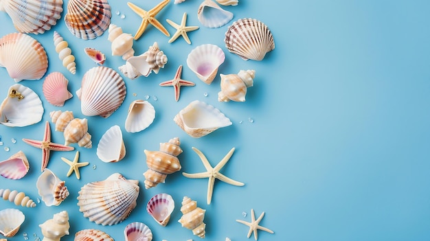 Flat lay Top view Frame of shells of various kinds on a blue background Seashells an Generative AI