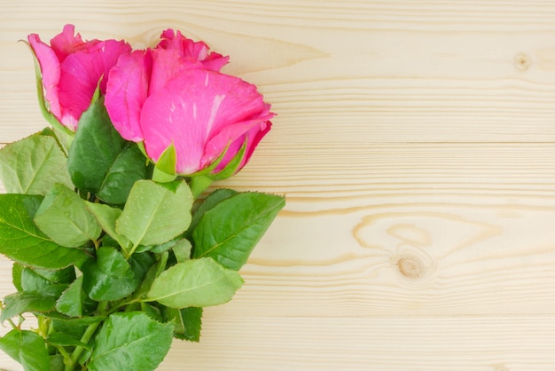 Flat lay, top view pink roses on beige wooden background with copy space 