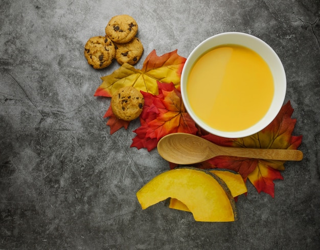 Flat lay,top view pumpkin soup