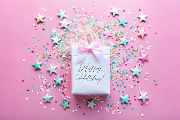 Photo flat lay top view white gift bag and holographic glitter confetti in the form of stars on pink background greeting card festive holiday pastel backdrop birthday congratulations