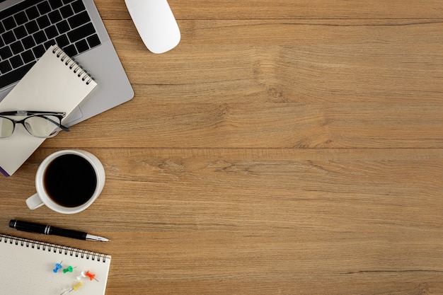 Flat lay, top view wooden office desk Workspace