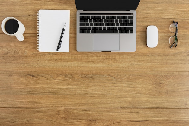 Flat lay, top view wooden office desk Workspace