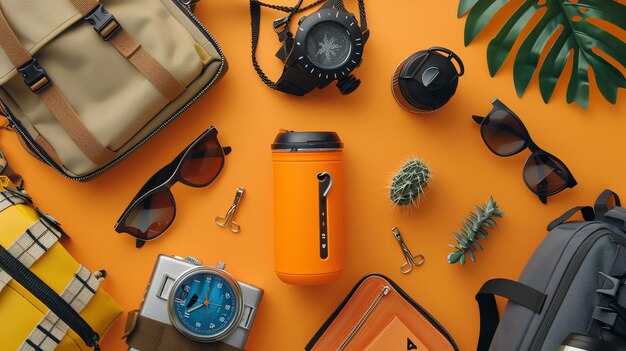 Photo a flat lay of travel essentials against an orange background