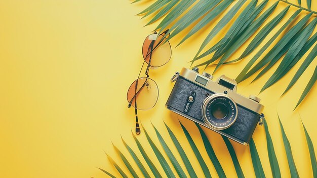 Flat lay traveler accessories on yellow background with palm leaf camera and sunglas Generative AI