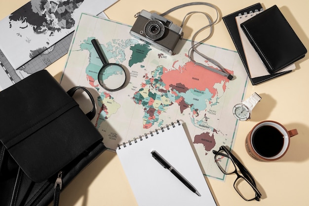 Flat lay of traveling elements collection