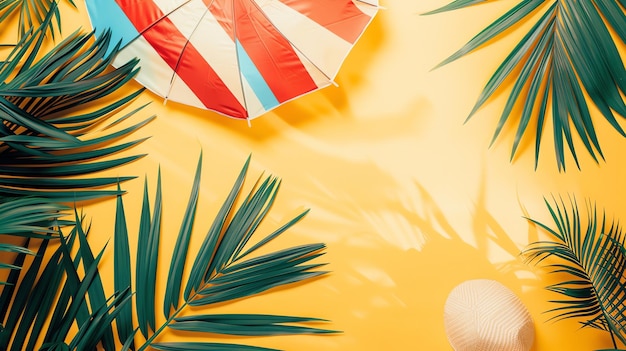 Photo a flat lay of tropical leaves a beach hat and a beach umbrella on a yellow background