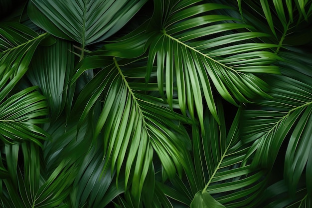 Flat lay of tropical palm leaves seen from above