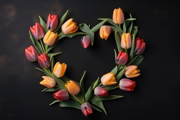 Flat lay of tulips bouquet with heart generative ai