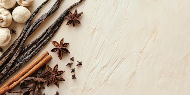 Photo a flat lay of vanilla beans star anise cloves and cinnamon sticks arranged