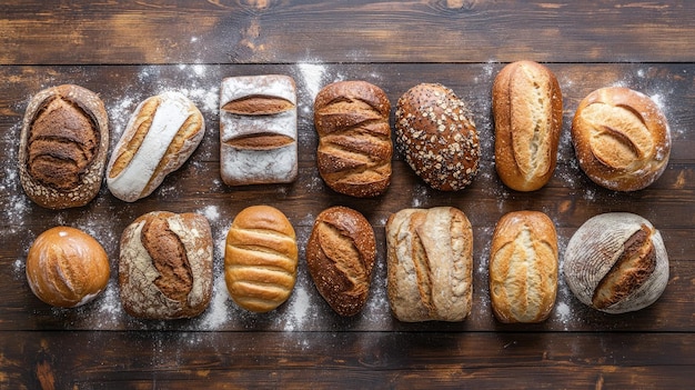 A flat lay of a variety of bread types arranged on a rustic wooden surface with a sprinkle of flour