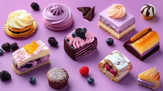 A flat lay of a variety of desserts on a purple background