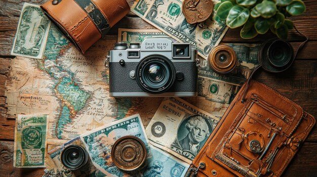 Photo a flat lay of various currency notes and a camera representing travel savings for photography