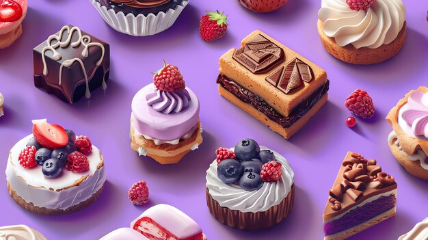 A flat lay of various desserts and pastries on a purple background