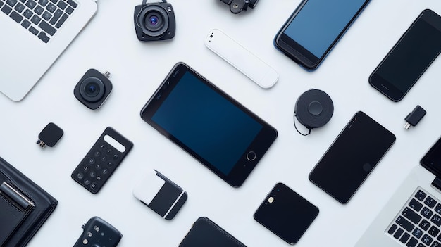 Photo flat lay of various electronic devices on a white background