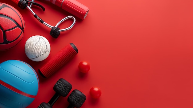 Photo a flat lay of various fitness equipment on a red background