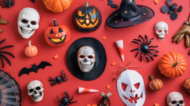 Photo a flat lay of various halloween costume accessories like hats and masks