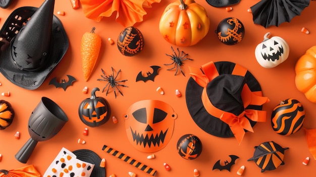 Photo a flat lay of various halloween costume accessories like hats and masks