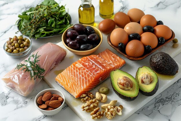 Photo a flat lay of various healthy foods including fish chicken eggs and nuts