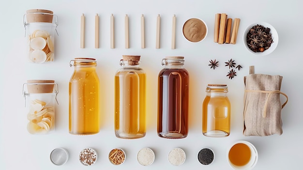 Photo flat lay of various ingredients for homemade kombucha with a white background