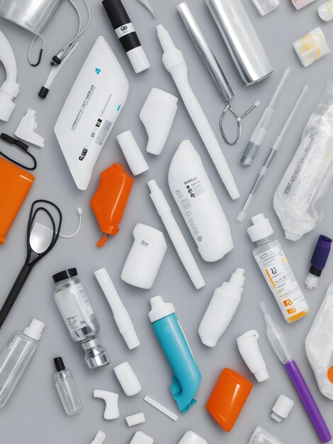 Flat lay of various medical supplies on gray background