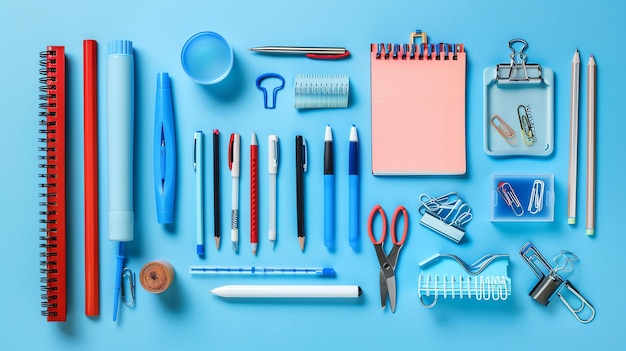 A flat lay of various office supplies on a blue background