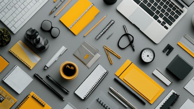 Photo flat lay of various office supplies and stationery on a grey background