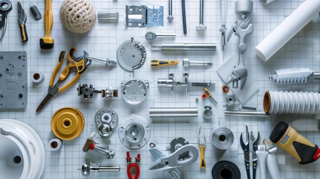 A flat lay of various plumbing tools and parts meticulously arranged on a white grid surface showcasing the intricacies of plumbing hardware