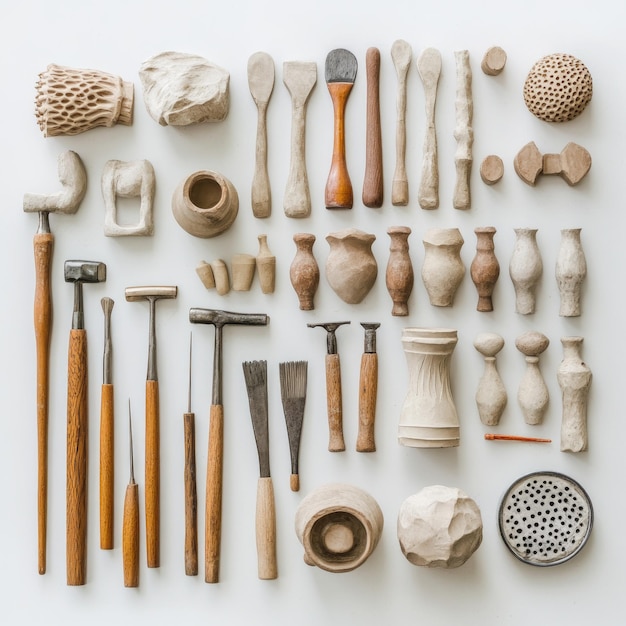 A flat lay of various pottery tools and pottery pieces on a white background