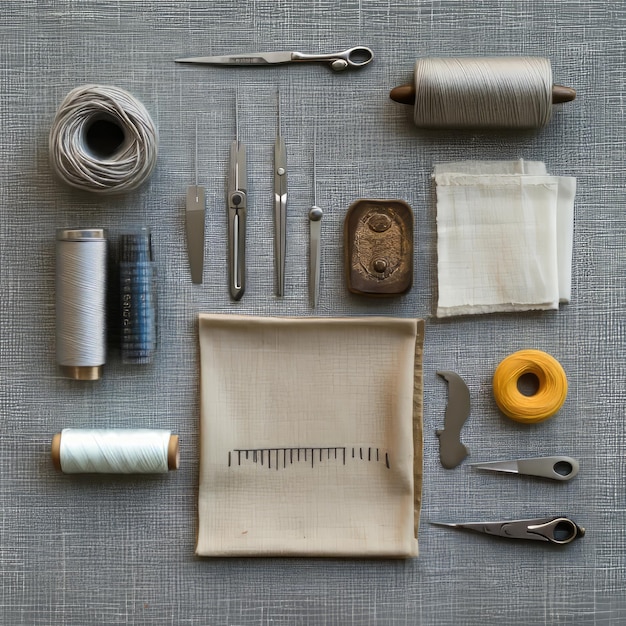 Photo flat lay of various sewing supplies including thread needles scissors a thimble and fabric on a textured gray background