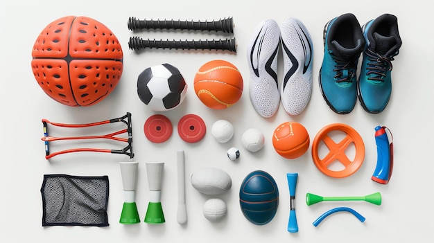 Photo a flat lay of various sports equipment including balls shoes and other accessories