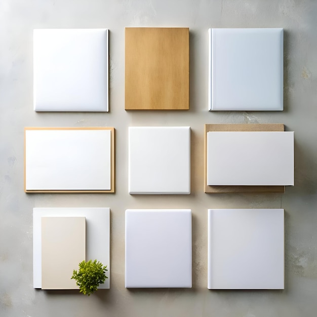 A flat lay of various square and rectangular shapes in white beige and brown