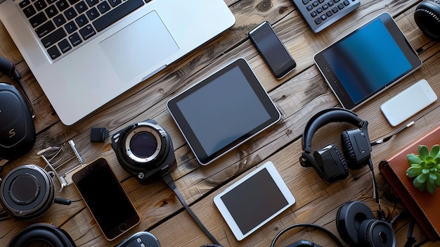 Photo a flat lay of various tech devices headphones and office supplies on a wooden desk