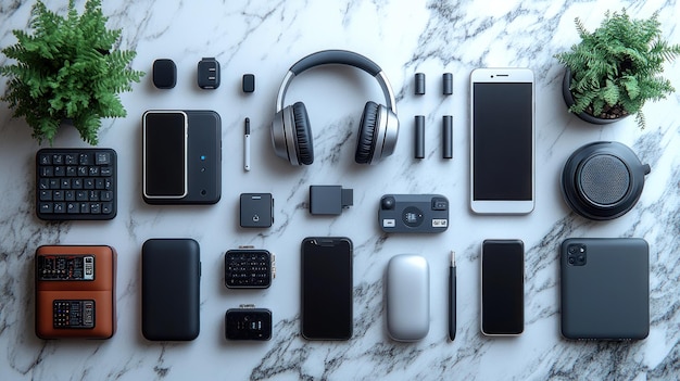 Photo a flat lay of various tech gadgets and accessories on a marble surface