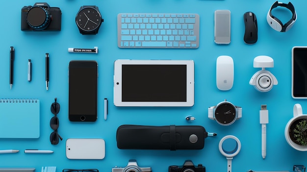 Photo flat lay of various tech gadgets and office supplies on a blue background