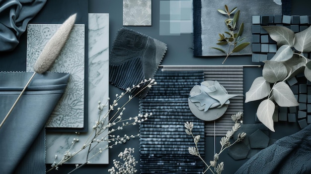 Photo a flat lay of various textile samples plants and tools artfully arranged on a dark surface showcasing a cohesive design palette blending natural and synthetic elements