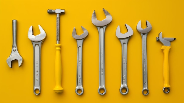 A flat lay of various tools including wrenches and a hammer arranged on a yellow background