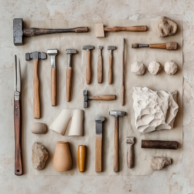 A flat lay of various tools and materials used for sculpting