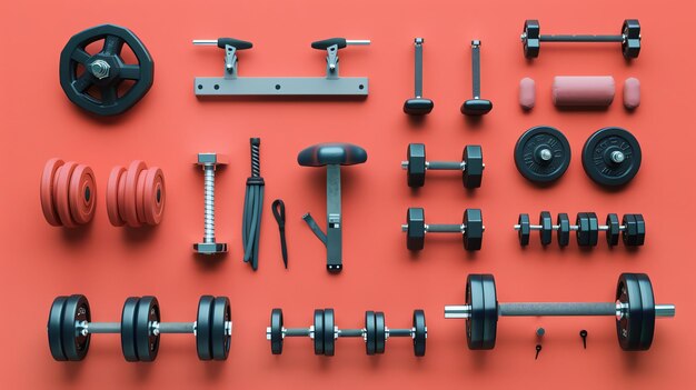 Photo a flat lay of various weights and exercise equipment on an orange background