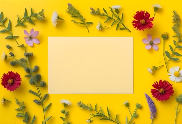 A flat lay of various wildflowers arranged on a yellow background