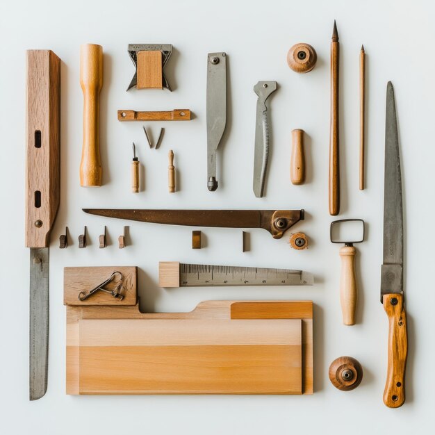 Photo flat lay of various woodworking tools on a white background