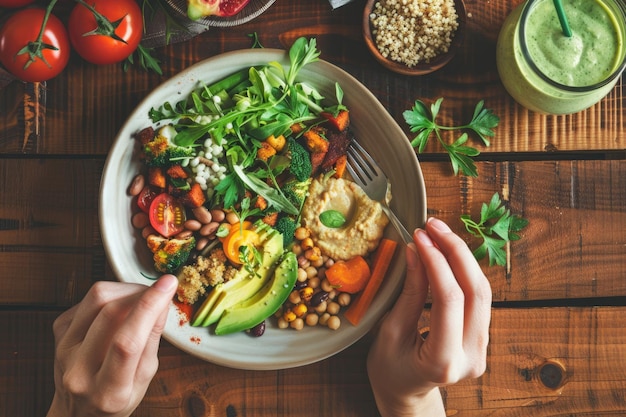 Flat lay of vegan Buddha bowl with healthy ingredients green smoothie