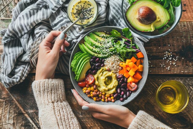 Photo flat lay of vegan buddha bowl with healthy ingredients green smoothie